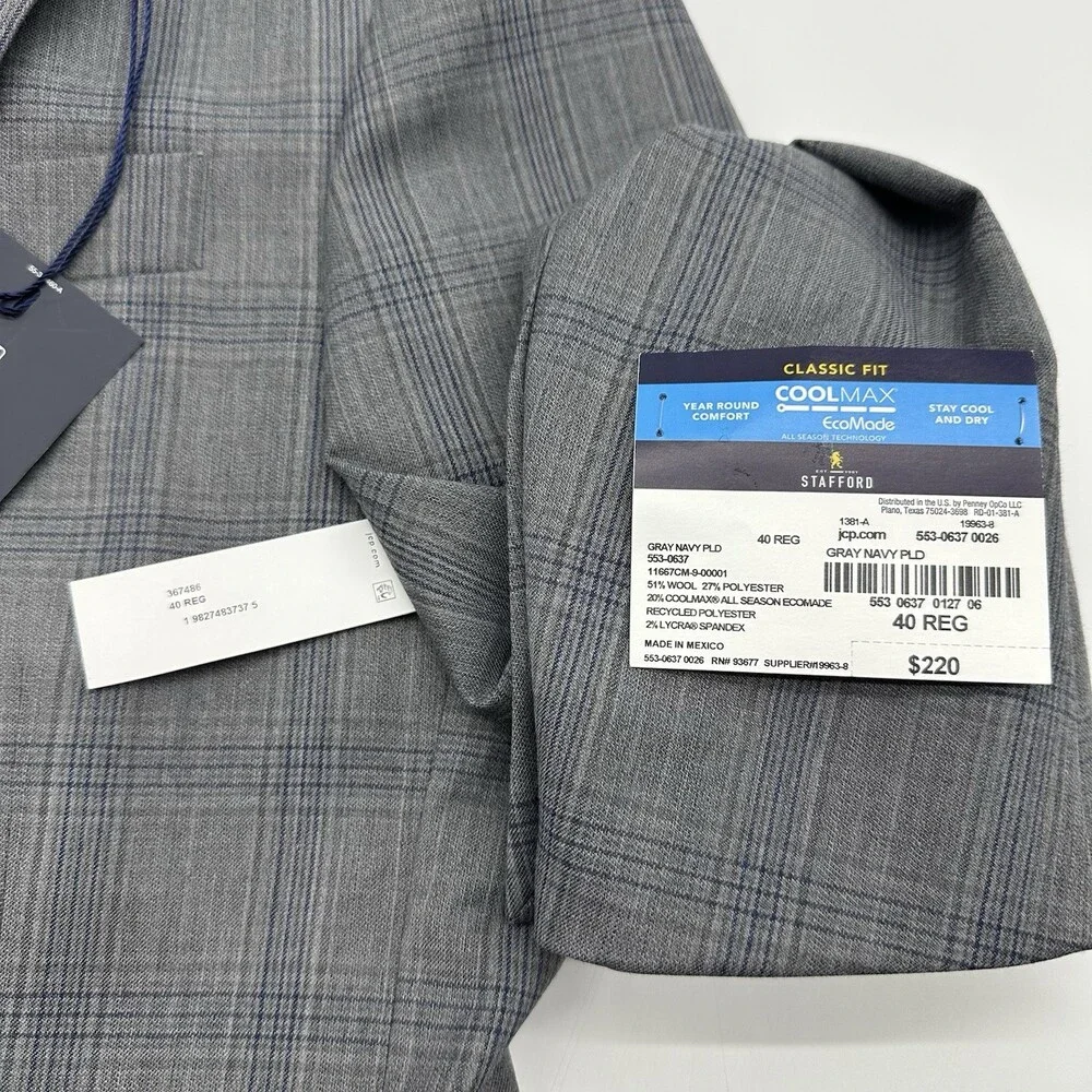 Stafford Cool Max Classic Fit Size 40R Gray Navy Plaid 2-Button Suit Jacket NWT